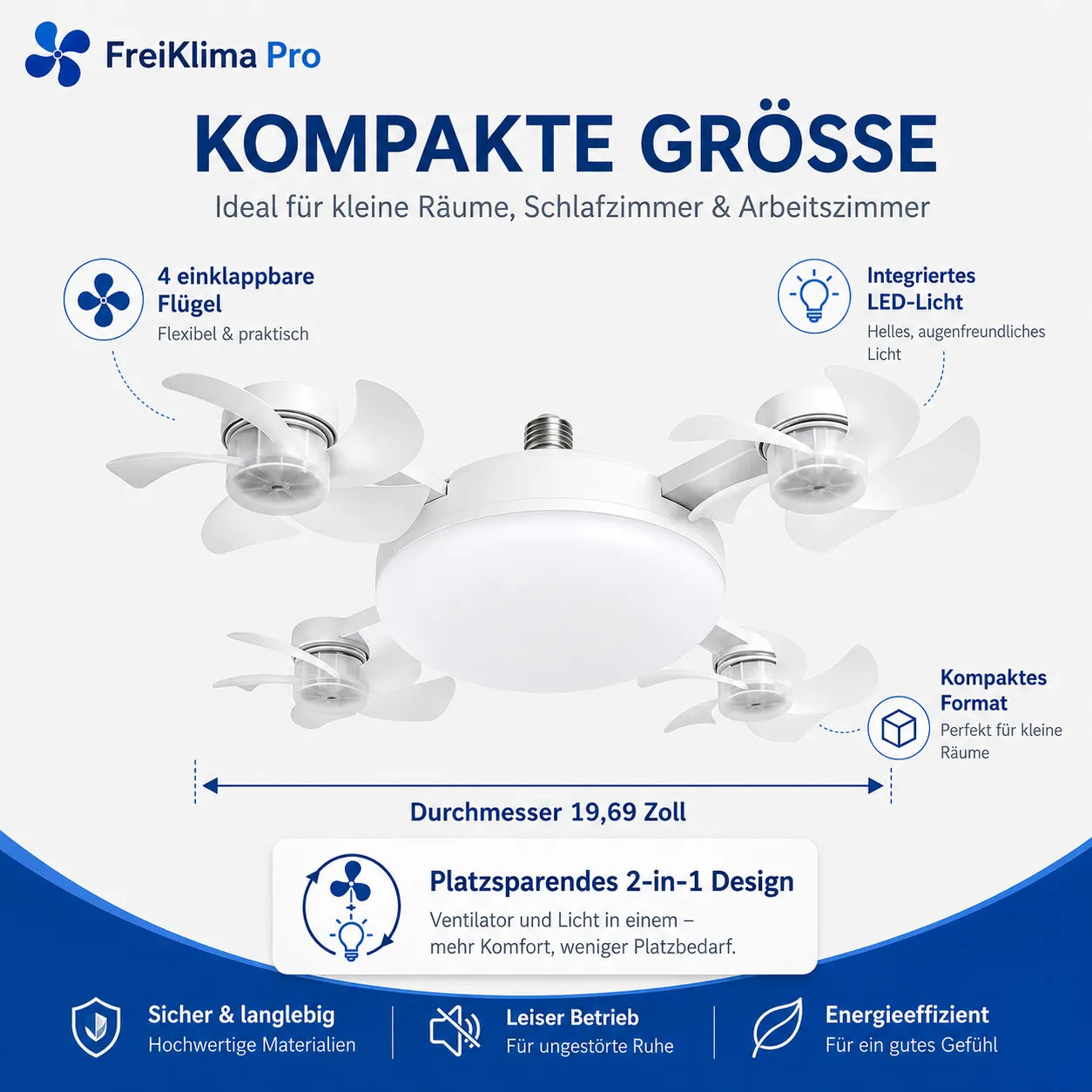 FreiKlima Pro Klimaventilator 2in1 – 4-Flügel einklappbarer Deckenventilator mit Kühlfunktion, Licht & Fernbedienung