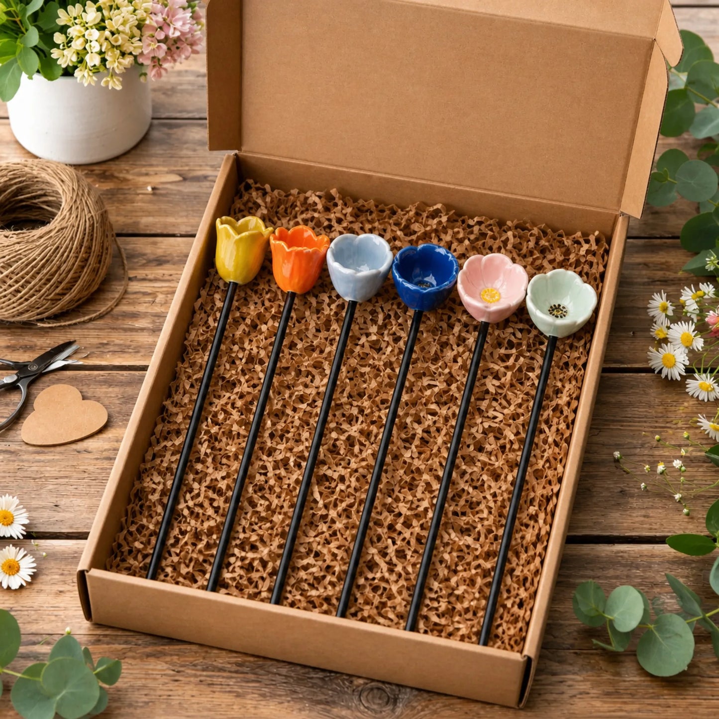 Handgefertigte Bienenblüten – wetterfeste Keramik-Tränken, 6er-Set