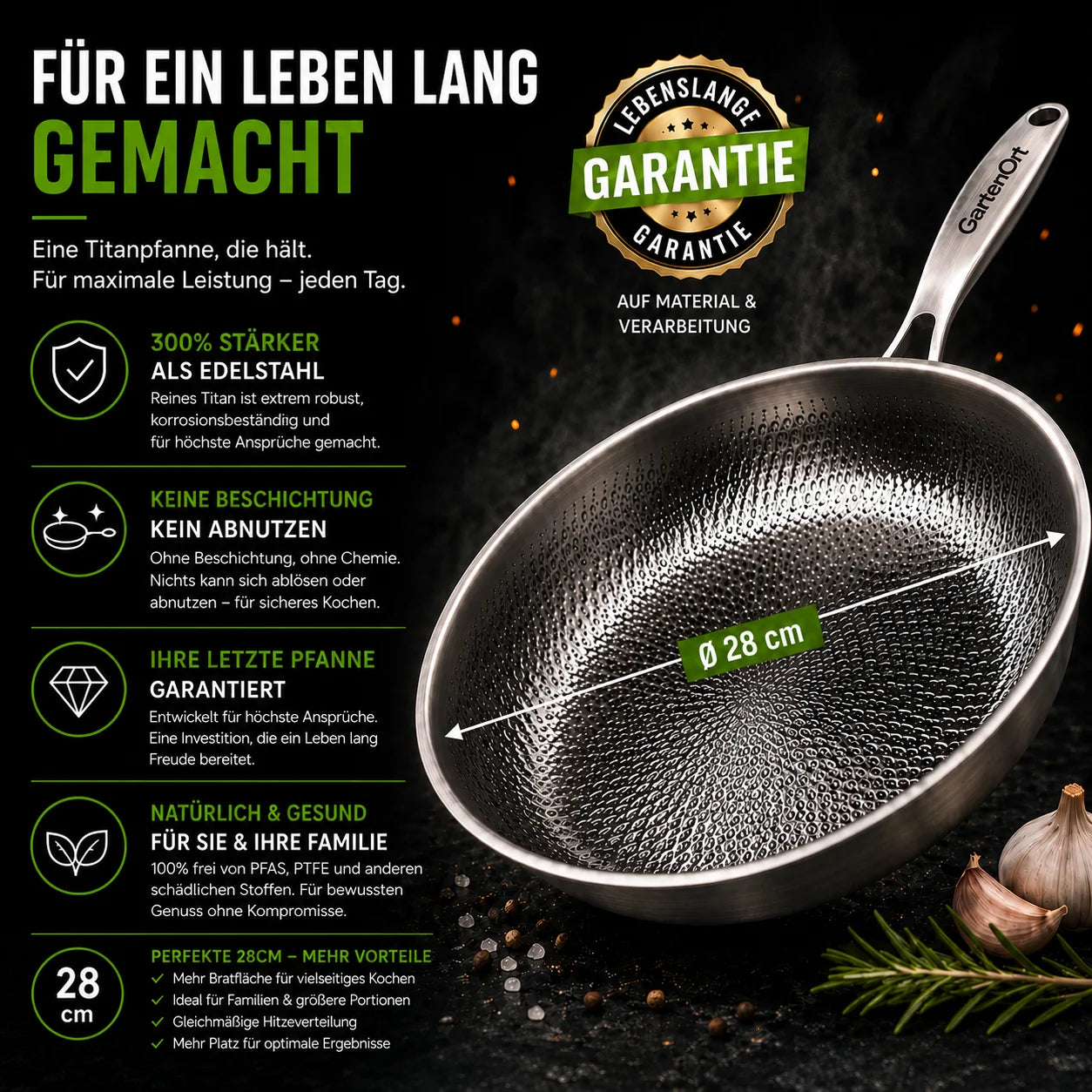 TitanPur Pro – Beschichtungsfreie Titanpfanne ohne PFAS & PTFE | 28 cm