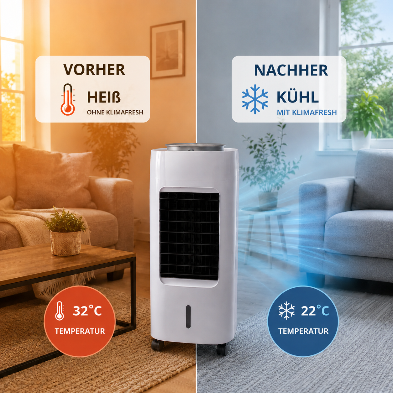 KlimaFresh – Mobiler Luftkühler – Keine Installation erforderlich | Kühlt bis zu 50 m²