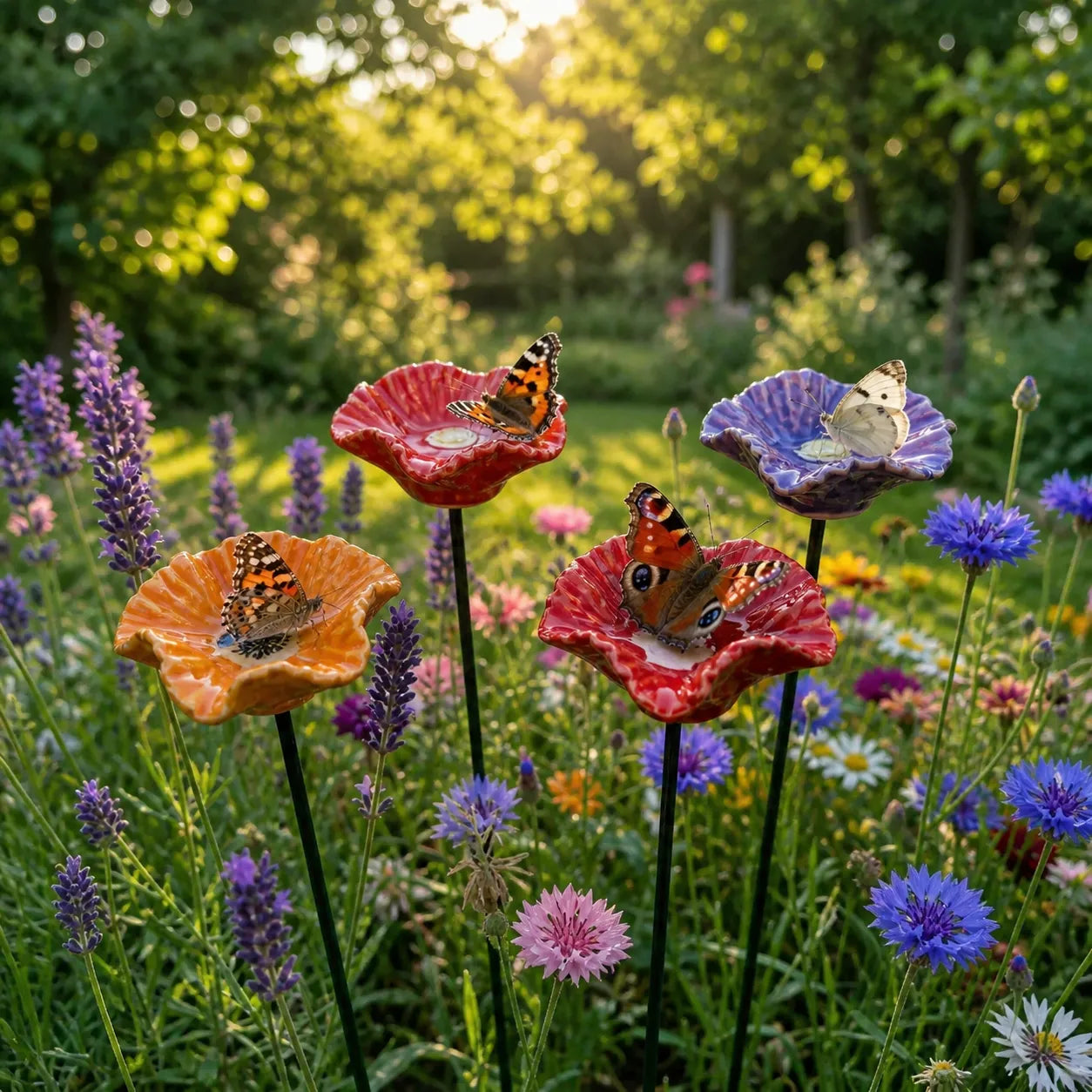 Handgefertigte Schmetterlingsblüten – Wetterfeste Keramik-Tränken, 4er-Set