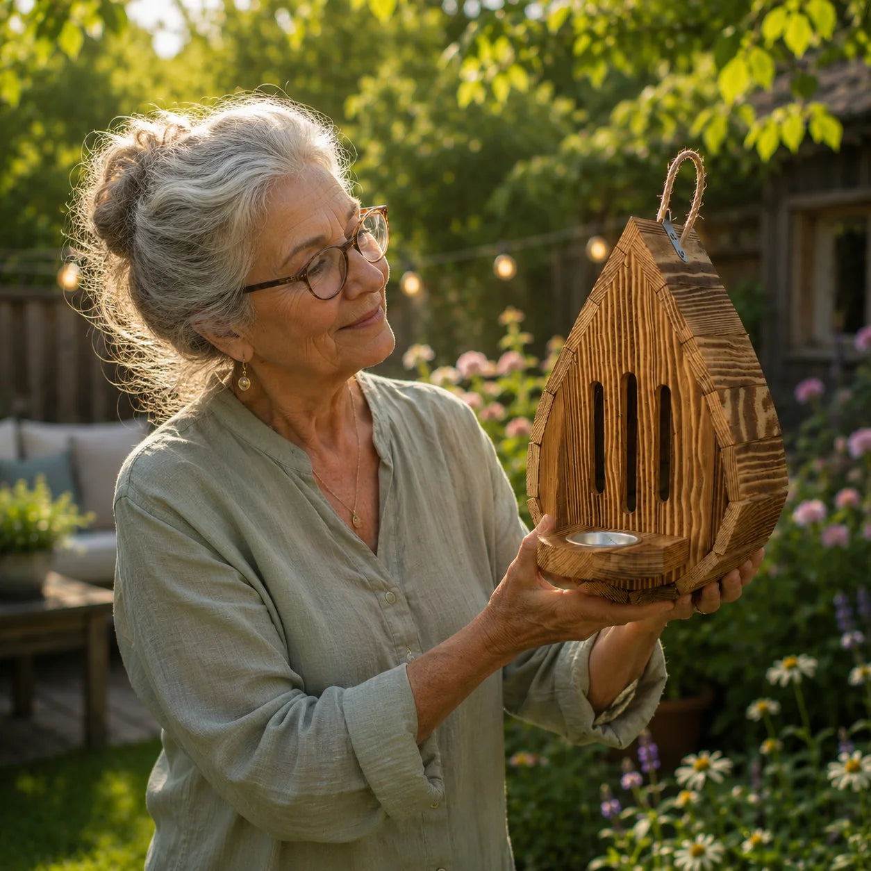Handgefertigtes Schmetterlingshaus Tropfenform aus Naturholz