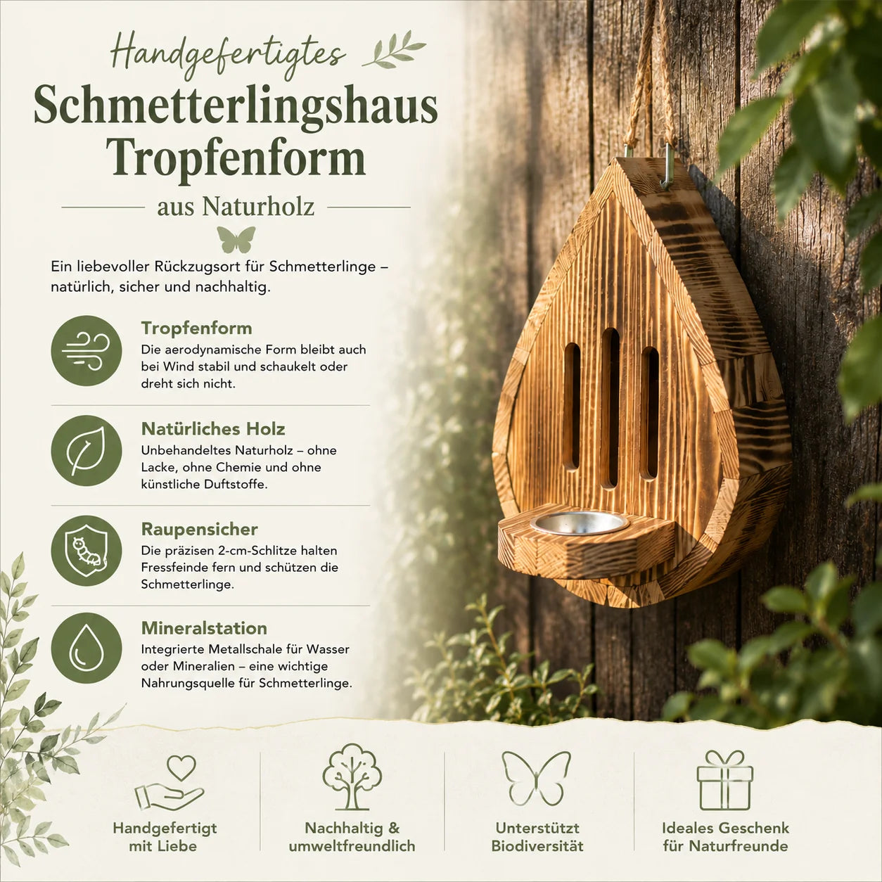 Handgefertigtes Schmetterlingshaus Tropfenform aus Naturholz