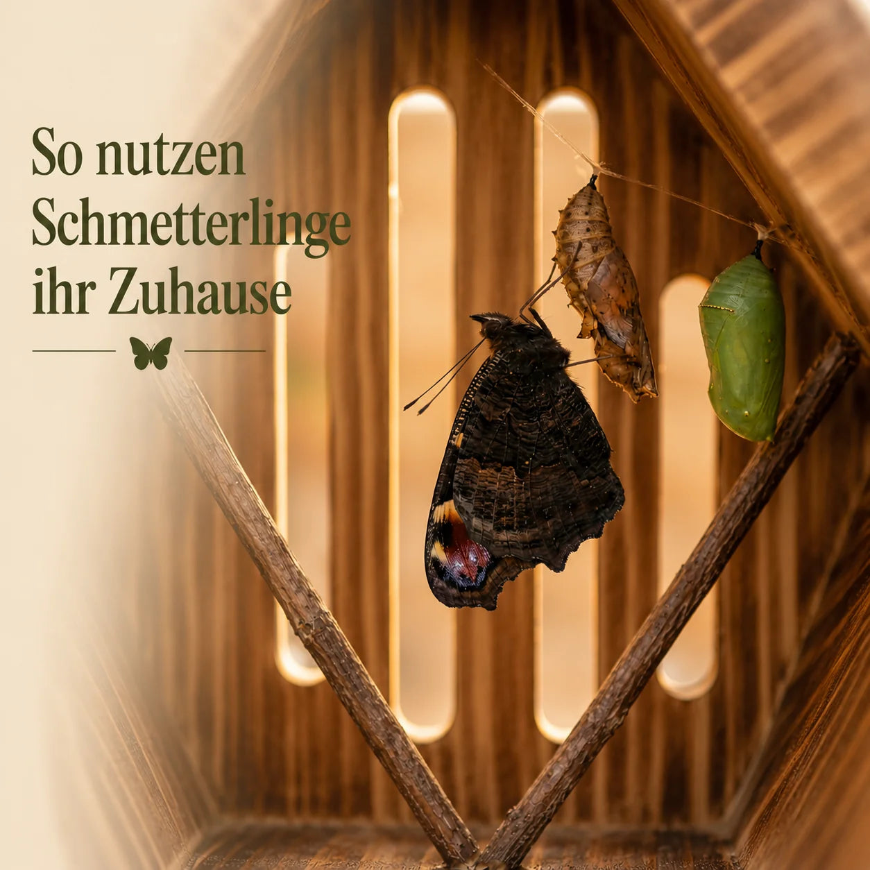 Handgefertigtes Schmetterlingshaus Tropfenform aus Naturholz