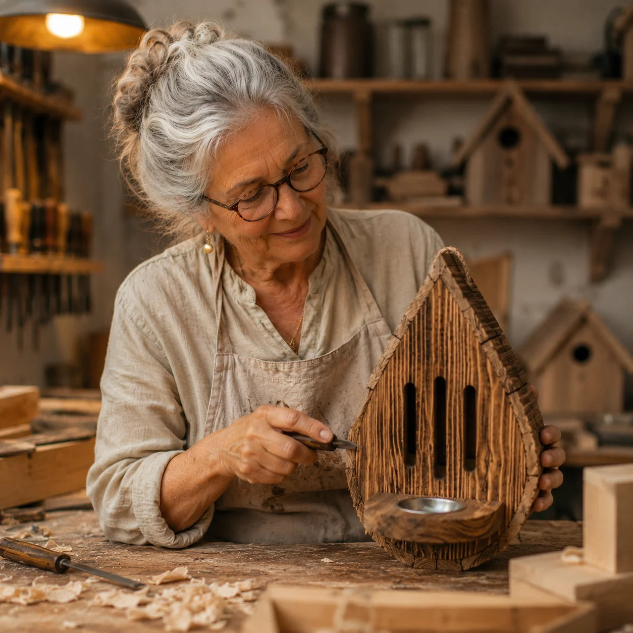 Handgefertigtes Schmetterlingshaus Tropfenform aus Naturholz
