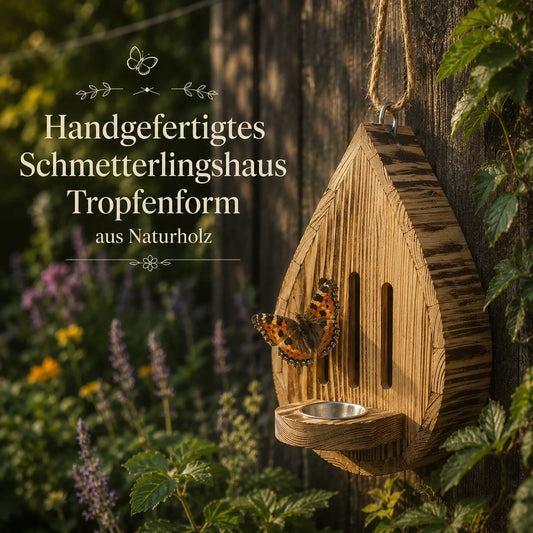 Handgefertigtes Schmetterlingshaus Tropfenform aus Naturholz