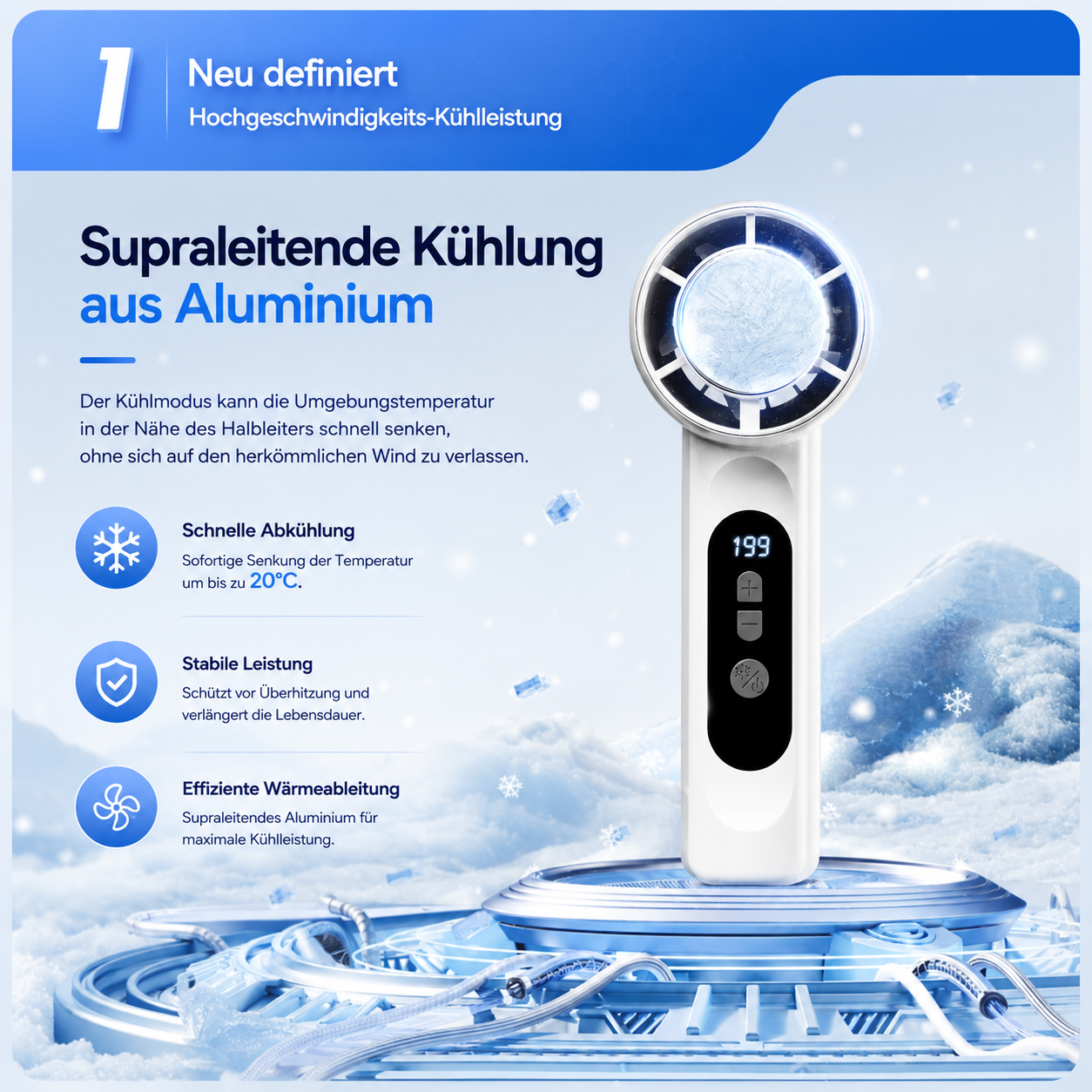 EisLuft Pro - Persönlicher Ventilator mit aktiver Sofortkühlung — 199 Stufen, ein Knopfdruck, sofort spürbar kühler.
