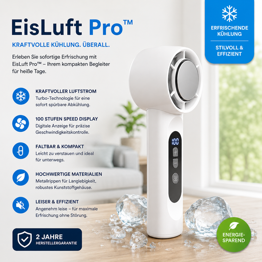 EisLuft Pro - Persönlicher Ventilator mit aktiver Sofortkühlung — 199 Stufen, ein Knopfdruck, sofort spürbar kühler.