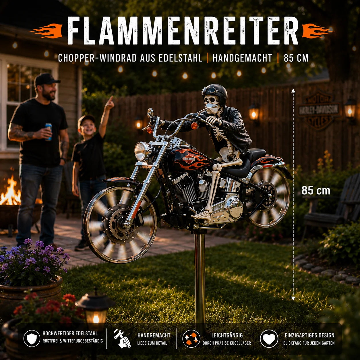 Flammenreiter – Chopper-Windrad - Handgemacht  85 cm