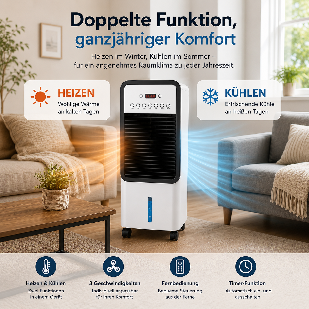 FreiKlima Max - Mobile Allround-Klimaanlage – Kühlt im Sommer, Heizt im Winter | Ohne Installation