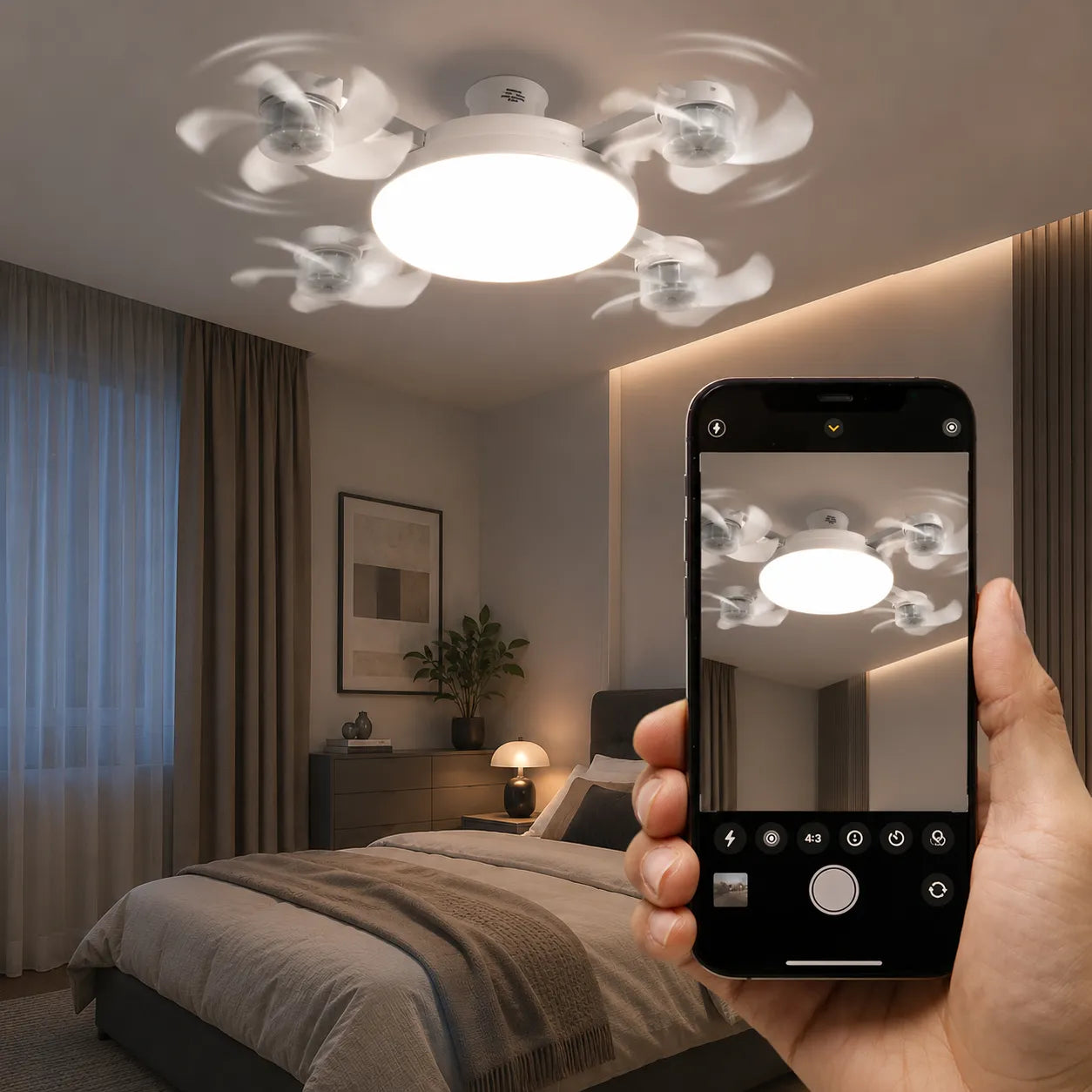 FreiKlima Pro Klimaventilator 2in1 – 4-Flügel einklappbarer Deckenventilator mit Kühlfunktion, Licht & Fernbedienung