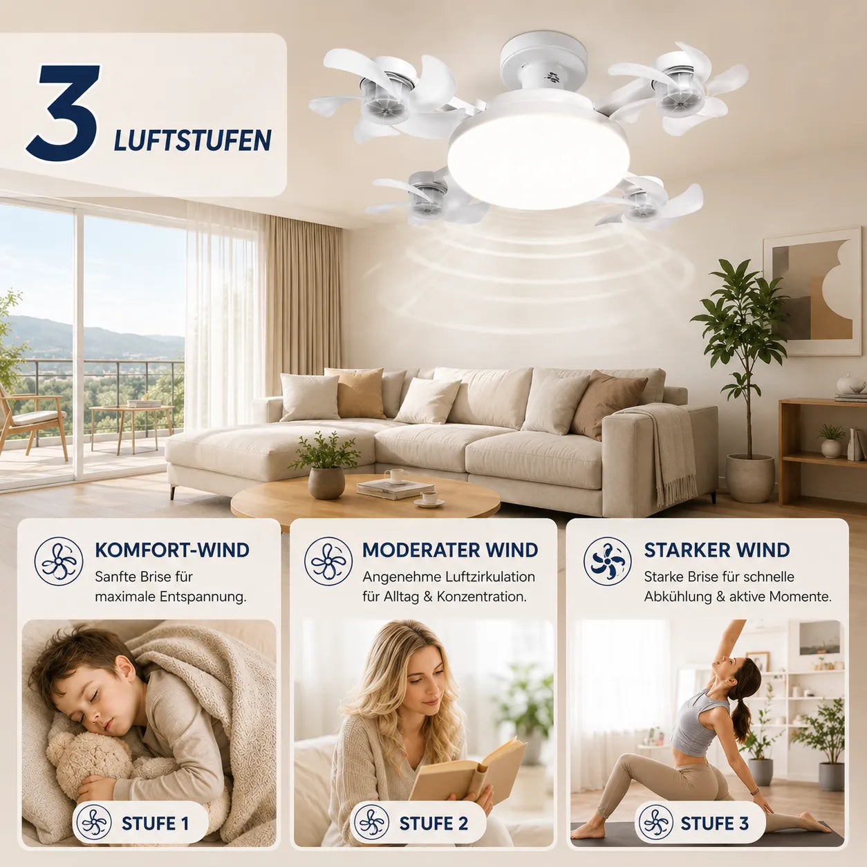 FreiKlima Pro Klimaventilator 2in1 – 4-Flügel einklappbarer Deckenventilator mit Kühlfunktion, Licht & Fernbedienung