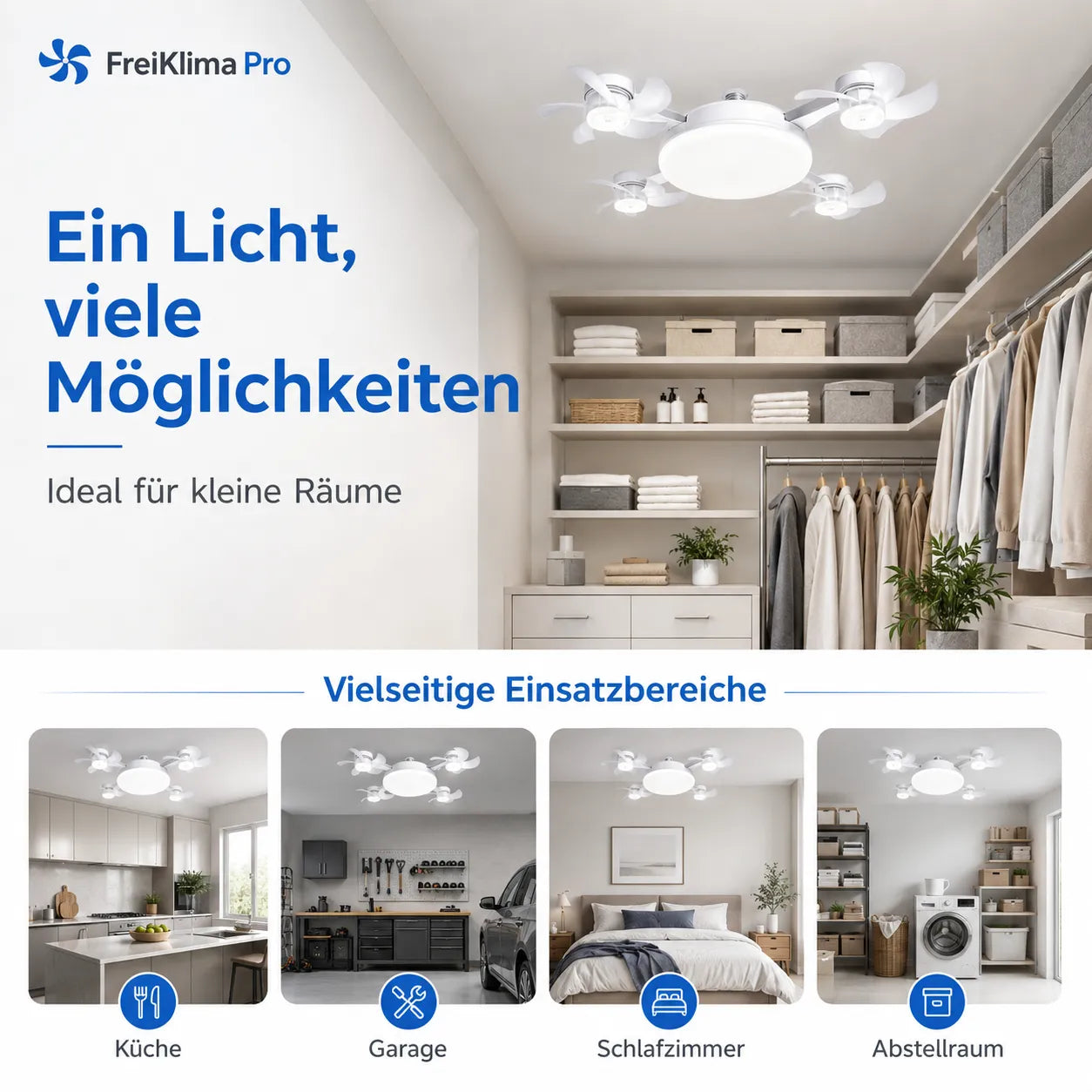 FreiKlima Pro Klimaventilator 2in1 – 4-Flügel einklappbarer Deckenventilator mit Kühlfunktion, Licht & Fernbedienung