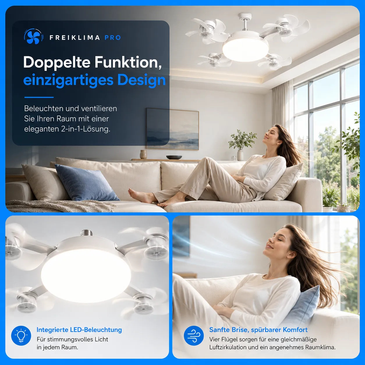 FreiKlima Pro Klimaventilator 2in1 – 4-Flügel einklappbarer Deckenventilator mit Kühlfunktion, Licht & Fernbedienung