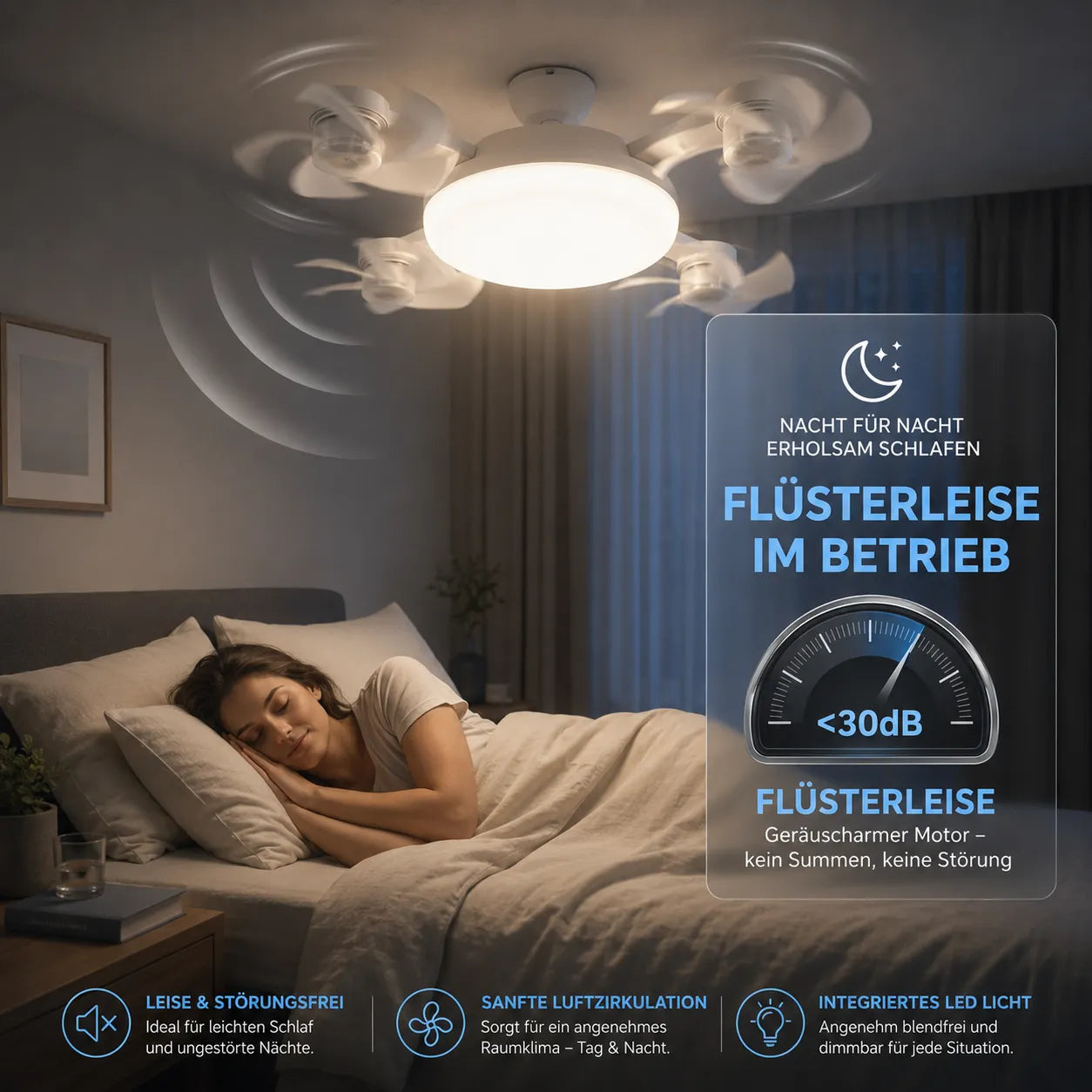 FreiKlima Pro Klimaventilator 2in1 – 4-Flügel einklappbarer Deckenventilator mit Kühlfunktion, Licht & Fernbedienung