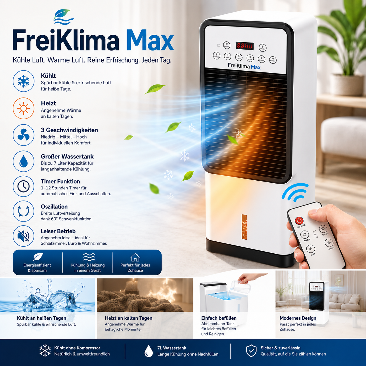 FreiKlima Max - Mobile Allround-Klimaanlage – Kühlt im Sommer, Heizt im Winter | Ohne Installation
