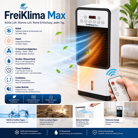 FreiKlima Max - Mobile Allround-Klimaanlage – Kühlt im Sommer, Heizt im Winter | Ohne Installation