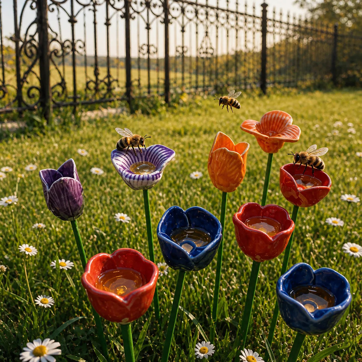 Handgefertigte Bienenblüten-Tränken – Wetterfeste Keramik, Set (6)