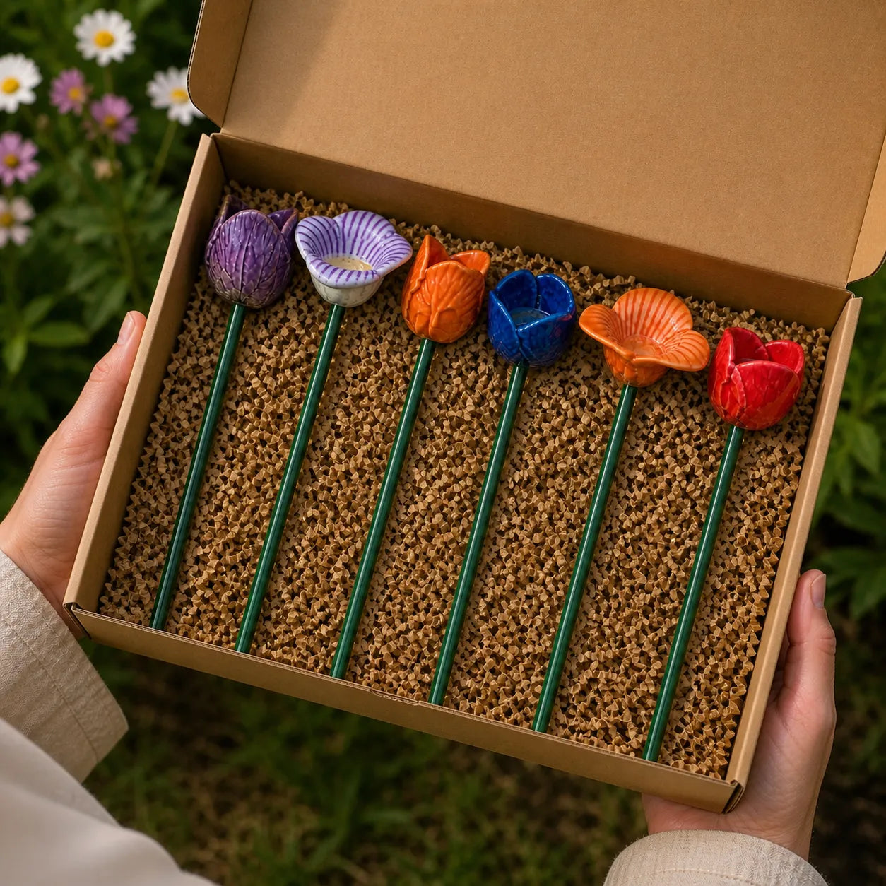 Handgefertigte Bienenblüten-Tränken – Wetterfeste Keramik, Set (6)