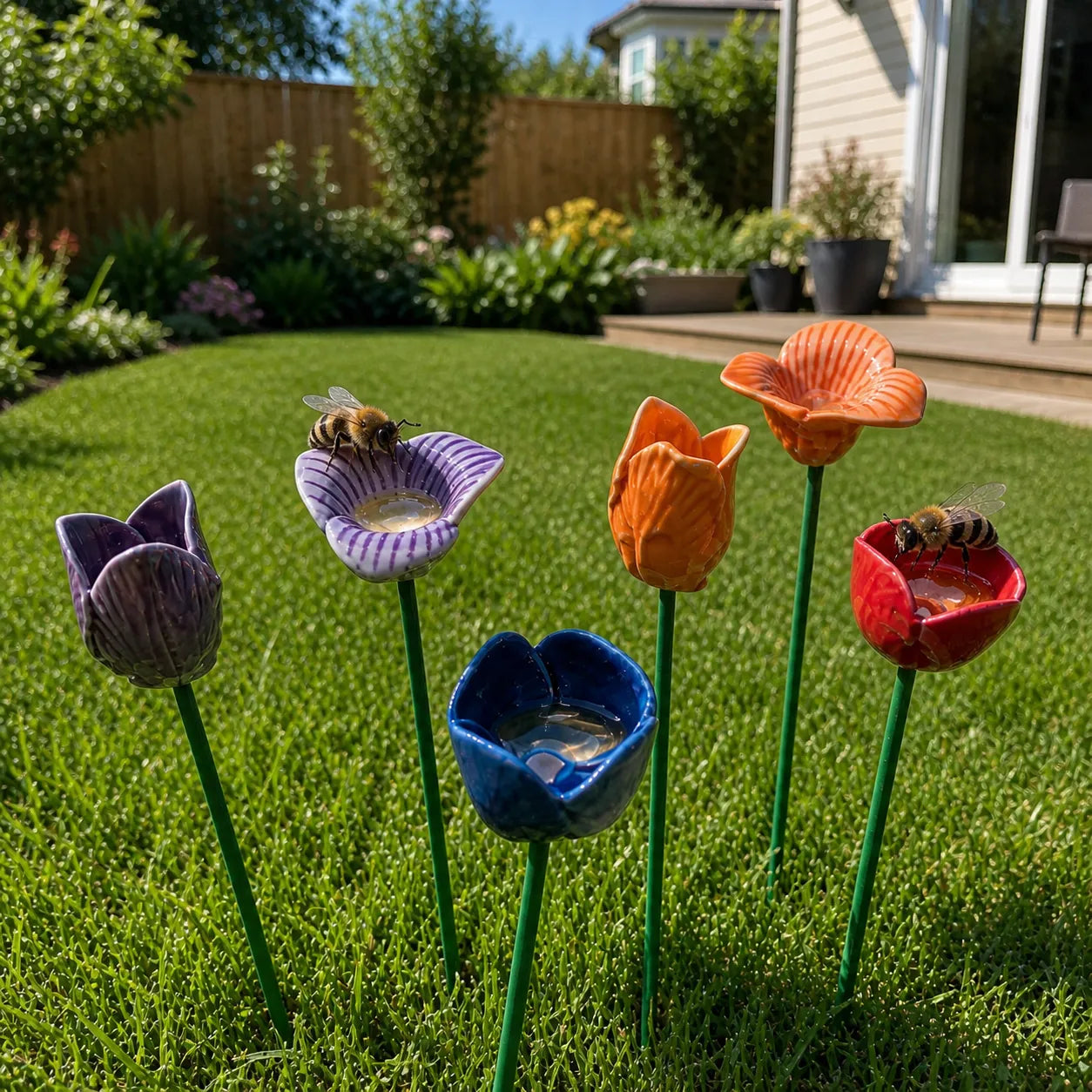 Handgefertigte Bienenblüten-Tränken – Wetterfeste Keramik, Set (6)