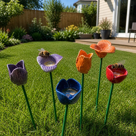 Handgefertigte Bienenblüten-Tränken – Wetterfeste Keramik, Set (6)