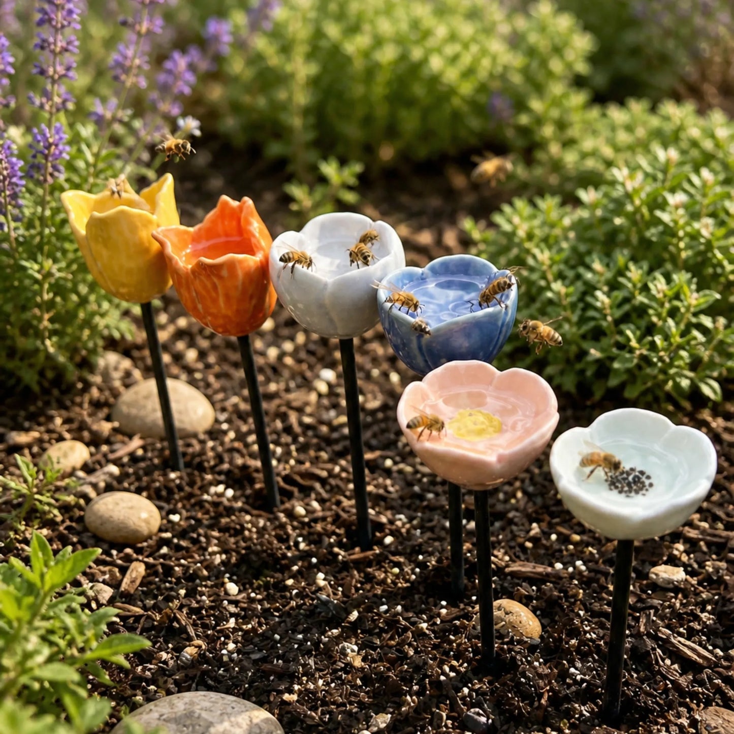 Handgefertigte Bienenblüten – wetterfeste Keramik-Tränken, 6er-Set