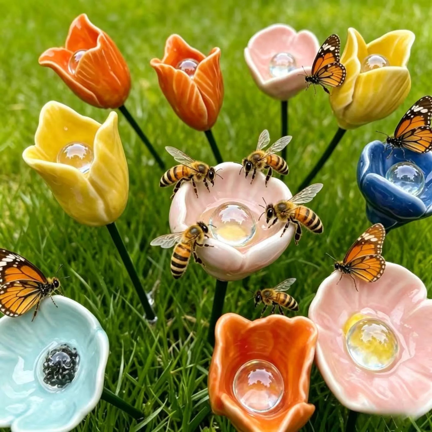 Handgefertigte Bienenblüten – wetterfeste Keramik-Tränken, 6er-Set