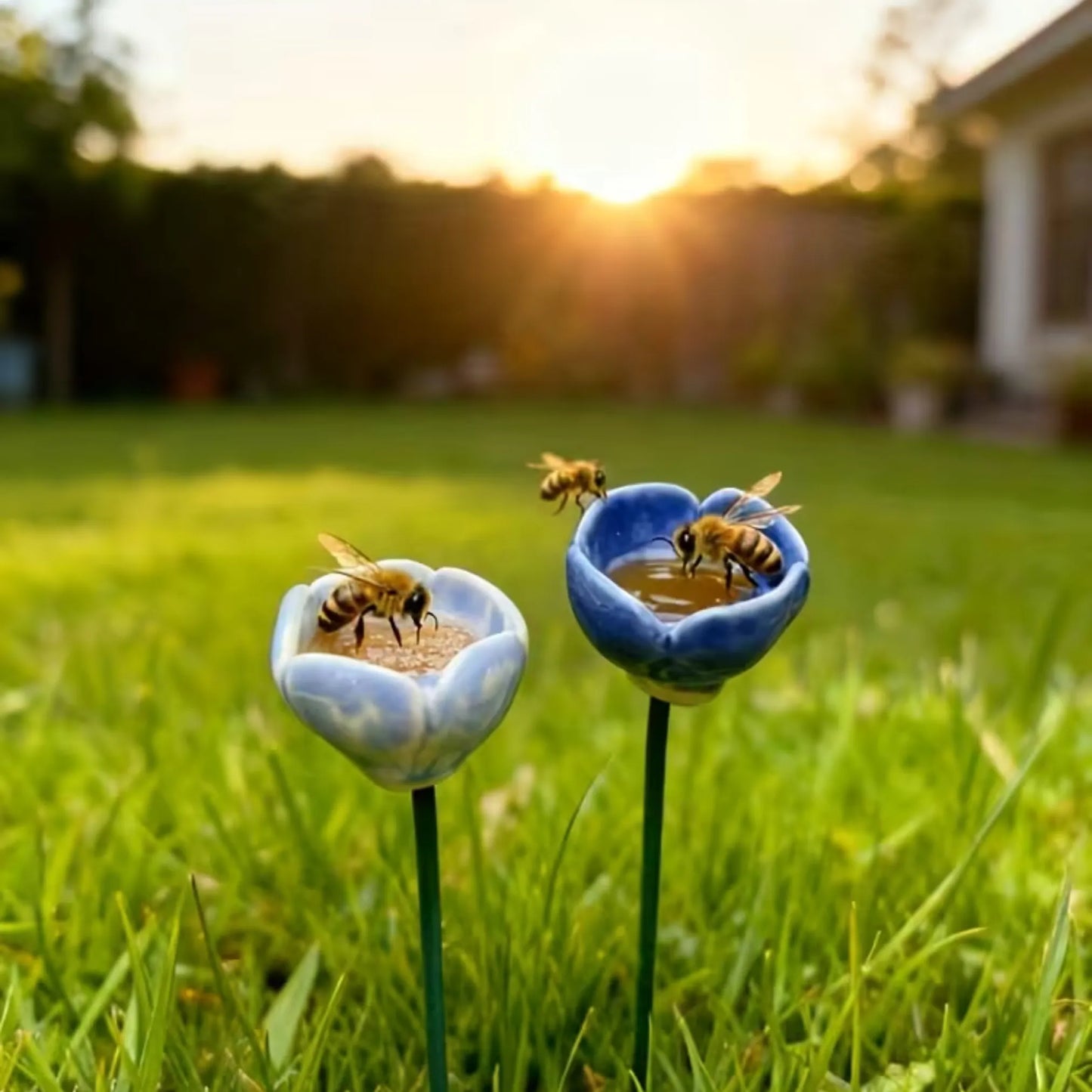 Handgefertigte Bienenblüten – wetterfeste Keramik-Tränken, 6er-Set