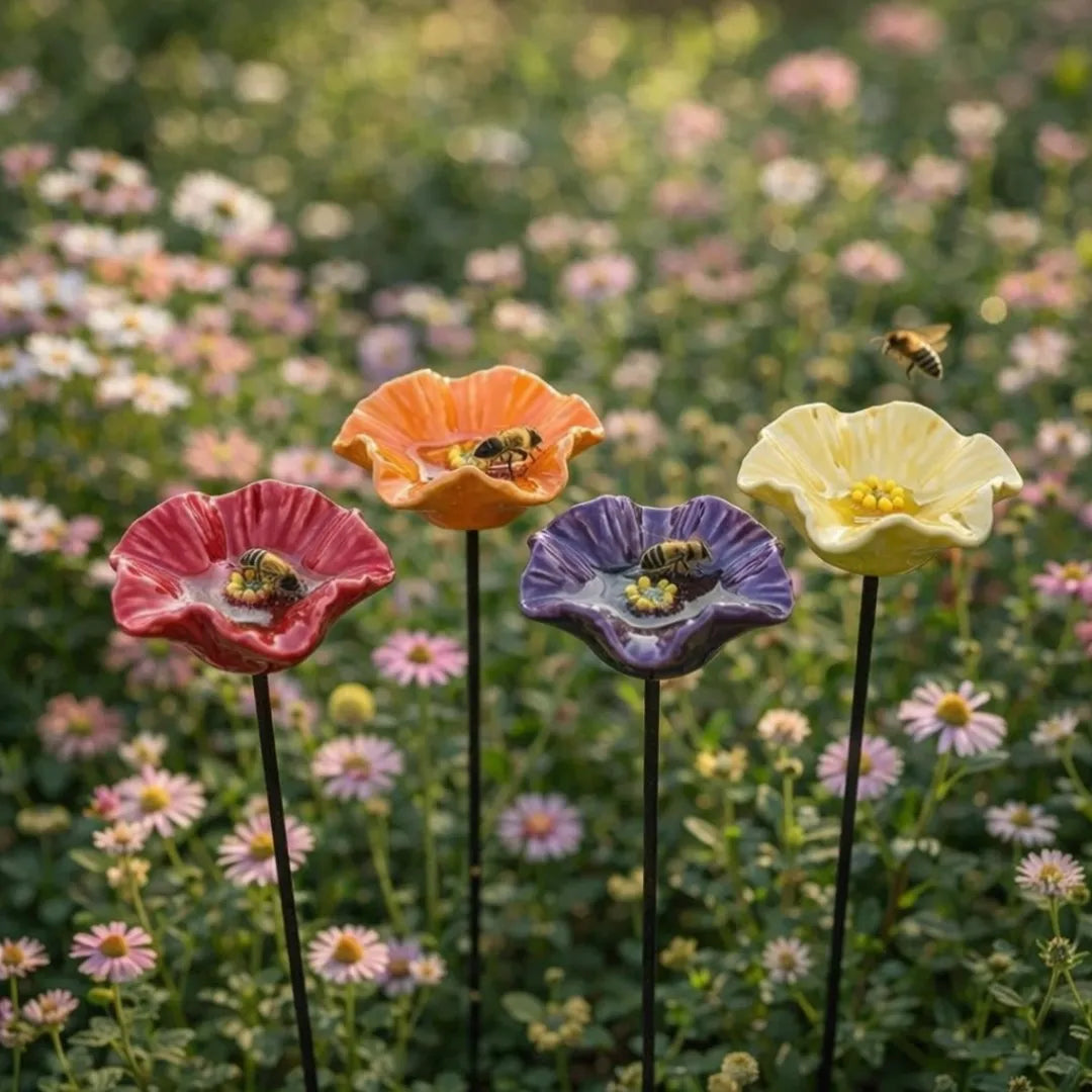 Magische Bienenblüten – Wetterfeste Keramik-Tränken, 4er-Set
