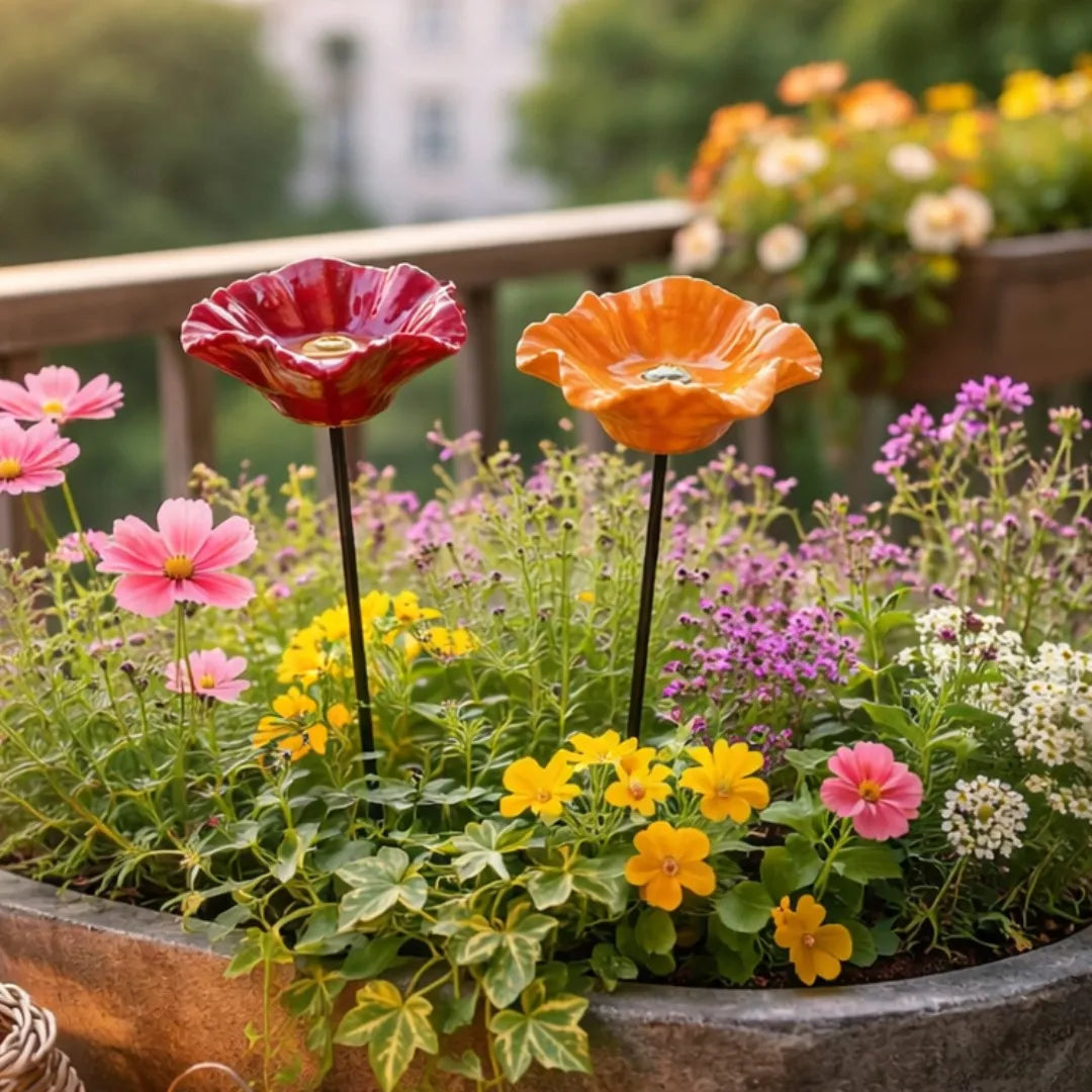 Handgefertigte Marienkäferblumen – Wetterfeste Keramik-Tränken, 4er-Set
