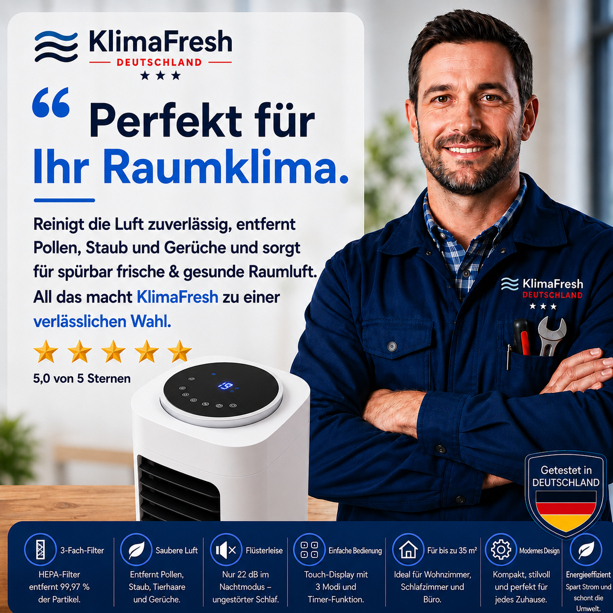 KlimaFresh – Mobiler Luftkühler – Keine Installation erforderlich | Kühlt bis zu 50 m²