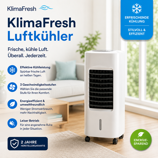KlimaFresh – Mobiler Luftkühler – Keine Installation erforderlich | Kühlt bis zu 50 m²
