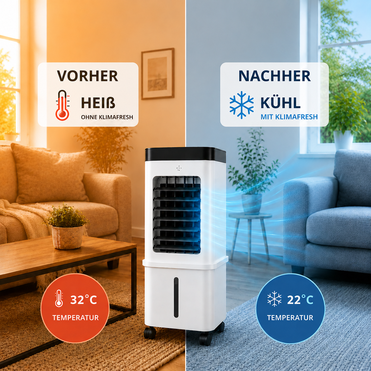 KlimaFlow Mobile - Mobiler Luftkühler – Keine Installation erforderlich | Kühlt bis zu 50 m²