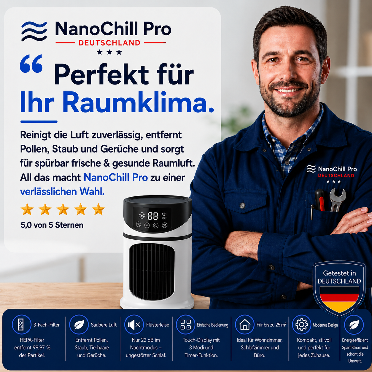 NanoChill Pro - Mobiler Klimakühler – Keine Installation erforderlich | Kühlt per Knopfdruck