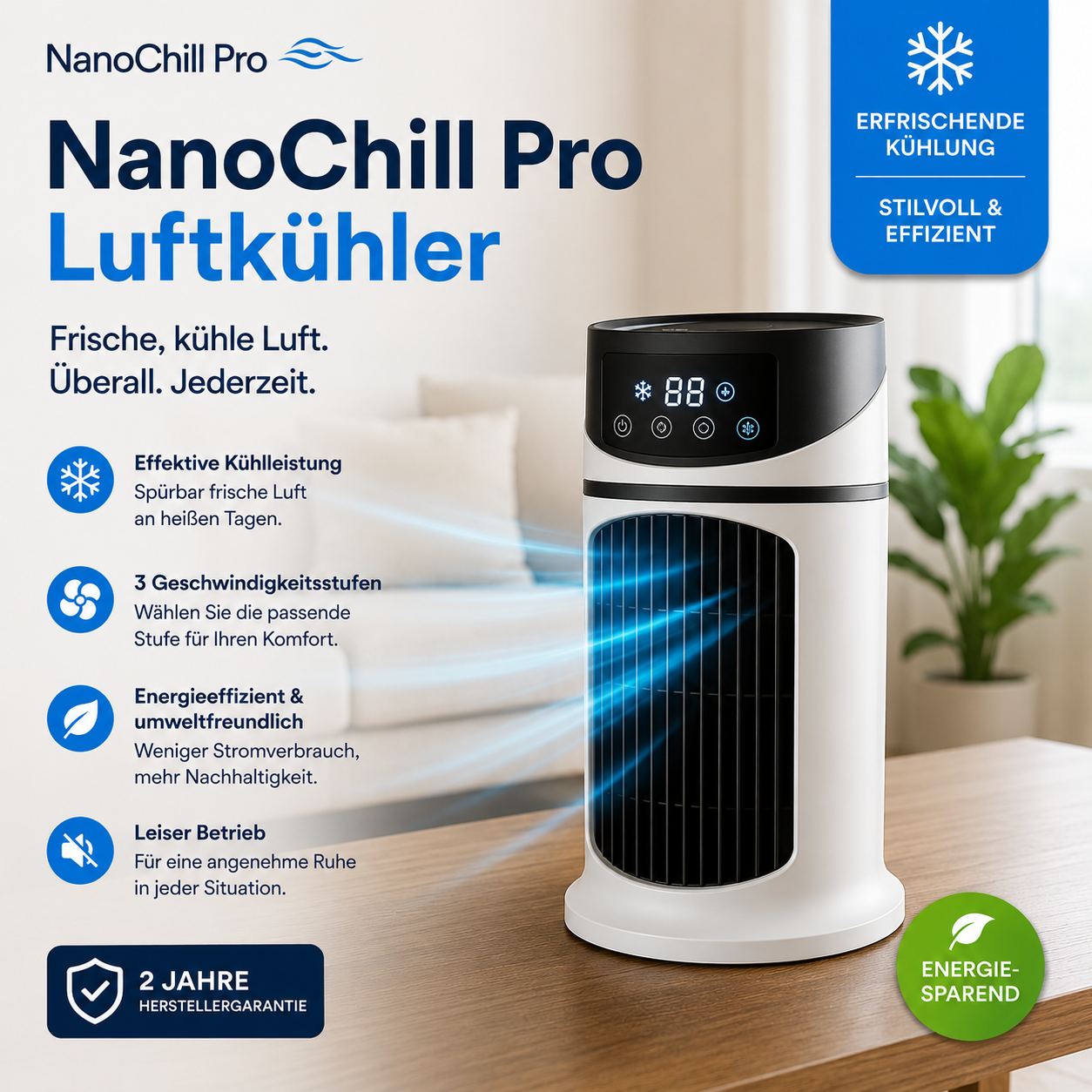 NanoChill Pro - Mobiler Klimakühler – Keine Installation erforderlich | Kühlt per Knopfdruck
