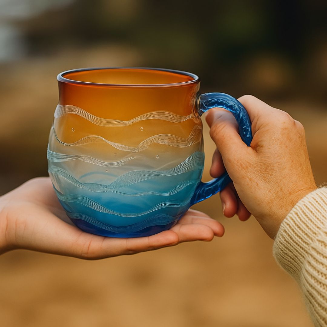 Sonnenkuss – Handgemachte Tasse im Farbspiel des Sonnenuntergangs