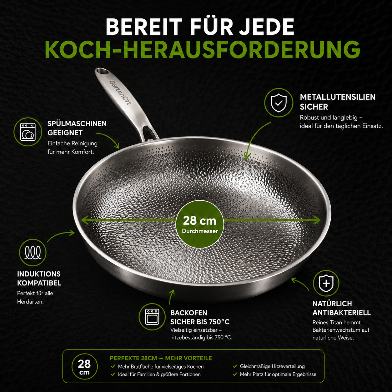 TitanPur Pro – Beschichtungsfreie Titanpfanne ohne PFAS & PTFE | 28 cm