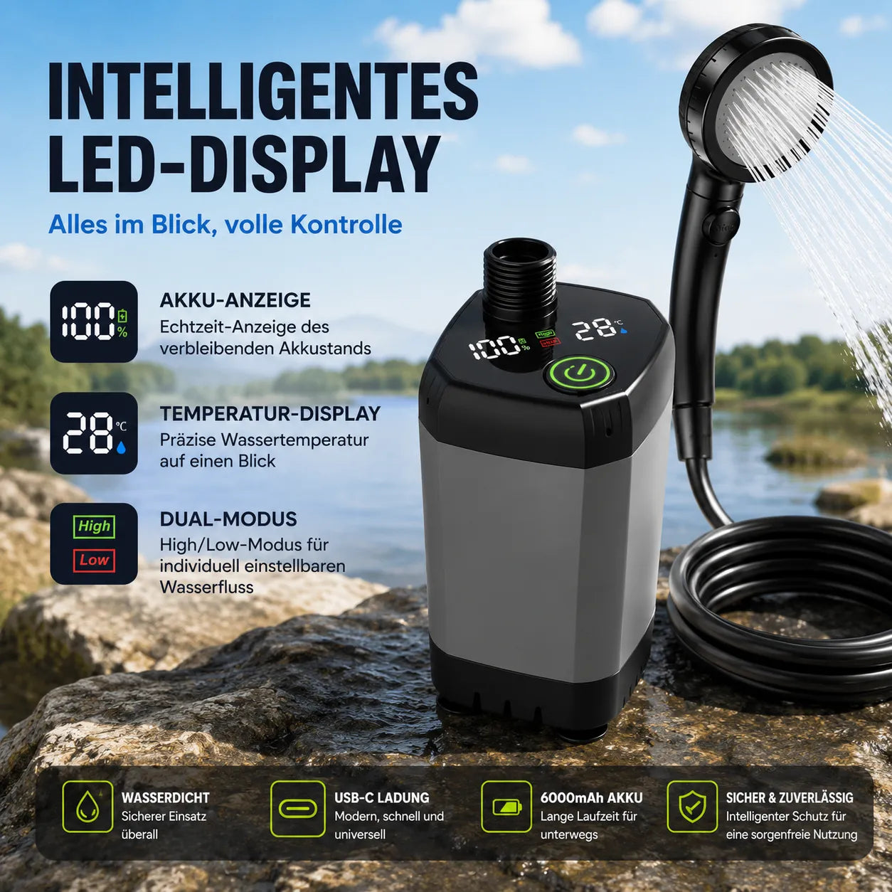 Tragbare Outdoor-Dusche – Akku-Duschpumpe mit LED-Display, 6000mAh, USB-C