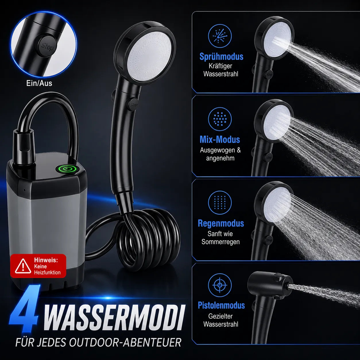 Tragbare Outdoor-Dusche – Akku-Duschpumpe mit LED-Display, 6000mAh, USB-C