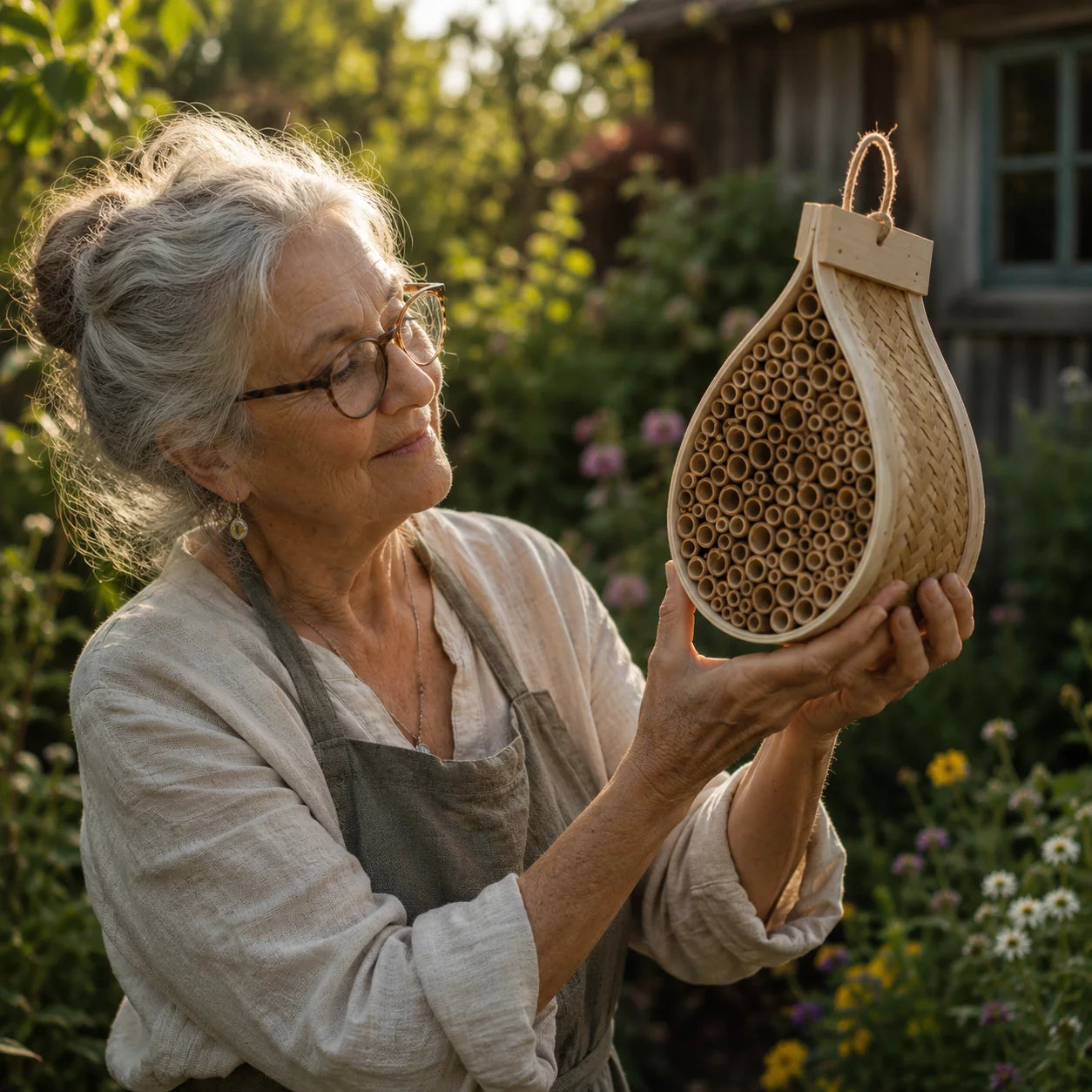 Wildbienenhotel – Handgeflochten aus Bambus & Hartholz