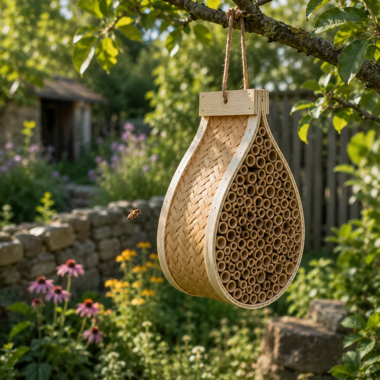 Wildbienenhotel – Handgeflochten aus Bambus & Hartholz