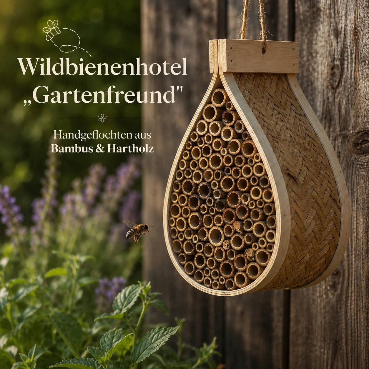 Wildbienenhotel – Handgeflochten aus Bambus & Hartholz