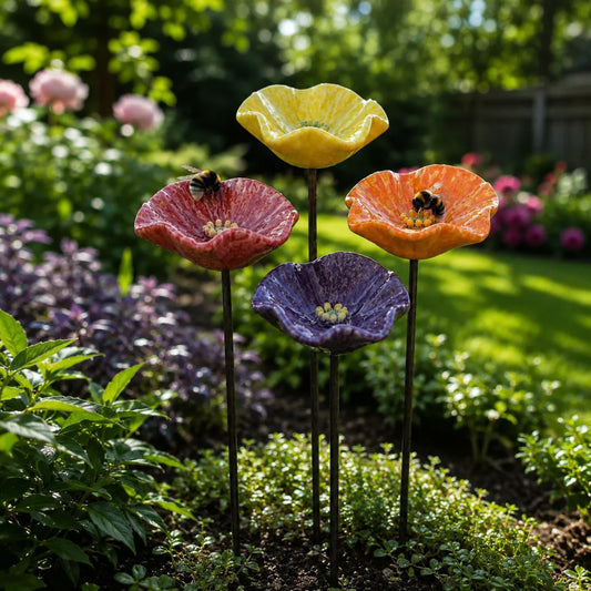 Handgefertigte Hummelblumen – Wetterfeste Keramik-Tränken, 4er-Set