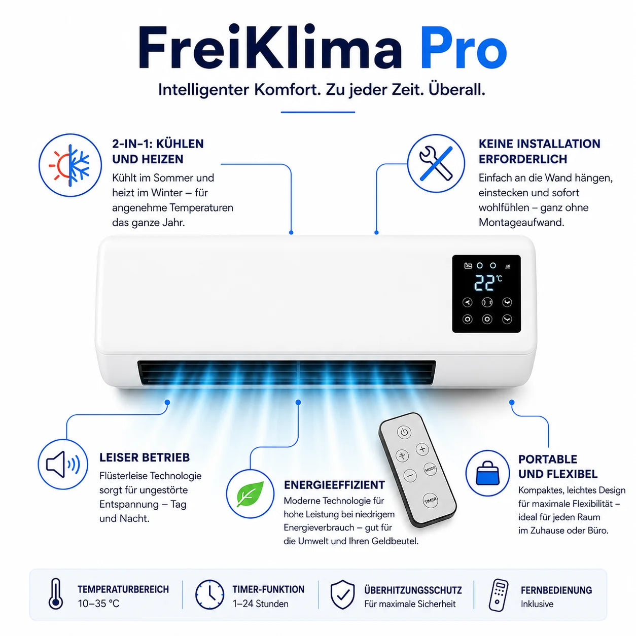 FreiKlima Pro – Tragbare Klimaanlage & Heizung ohne Installation | 2-in-1 | Bis 51 m²