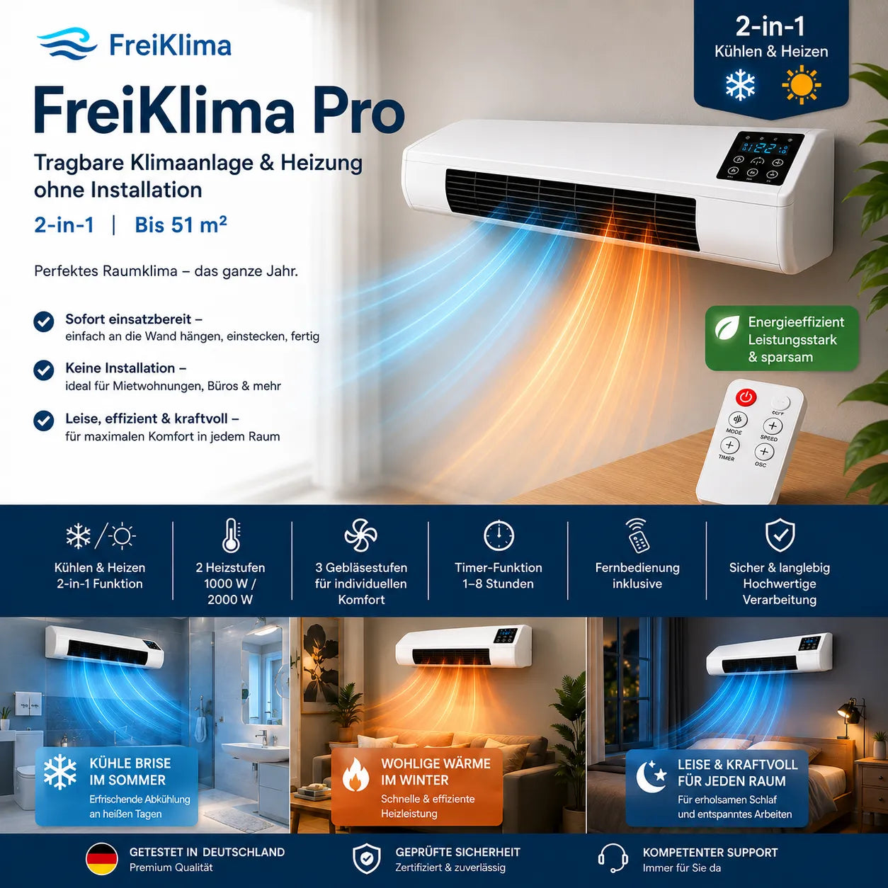 FreiKlima Pro – Tragbare Klimaanlage & Heizung ohne Installation | 2-in-1 | Bis 51 m²