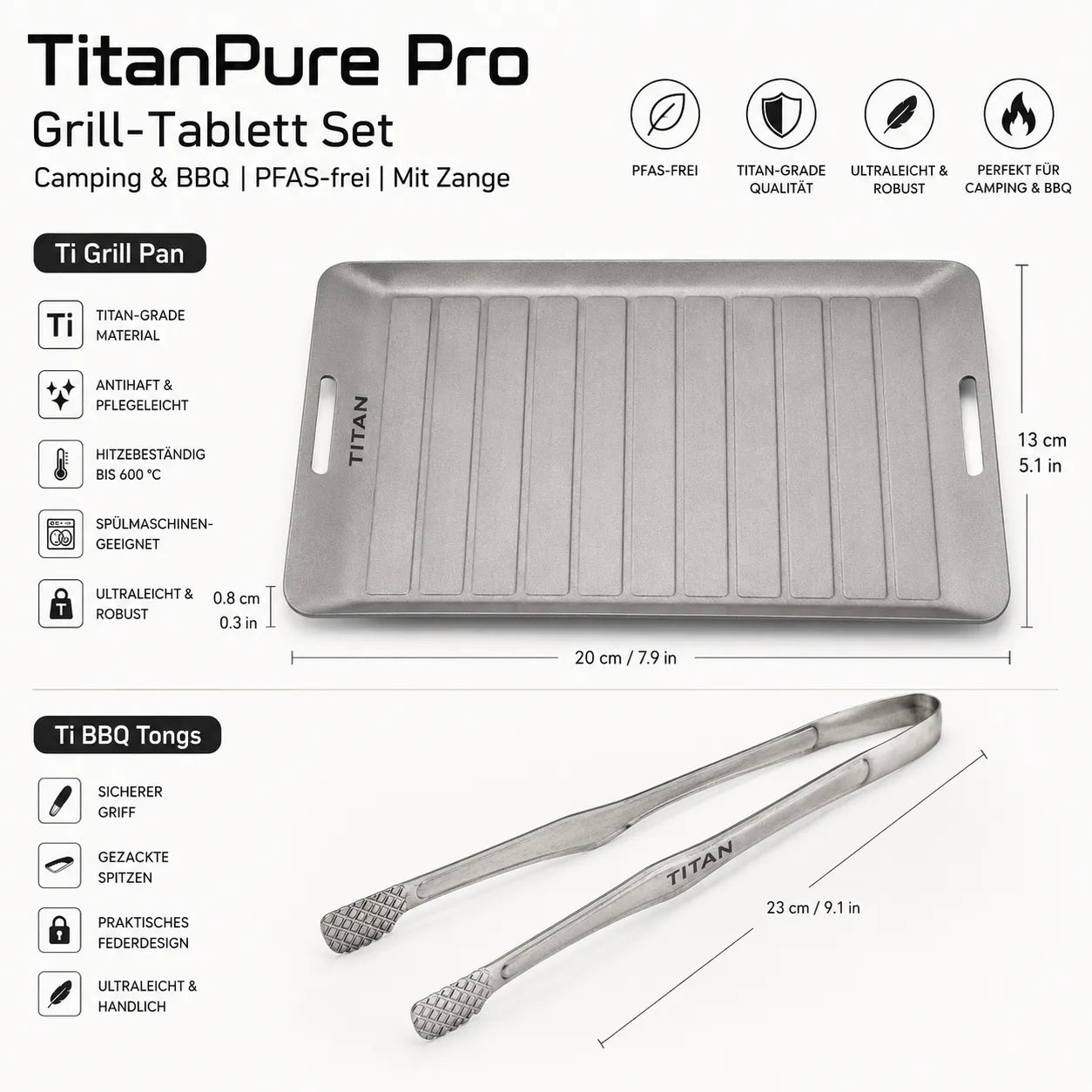TitanPure Pro — Grill-Tablett Set Camping & BBQ | PFAS-frei | Mit Zange