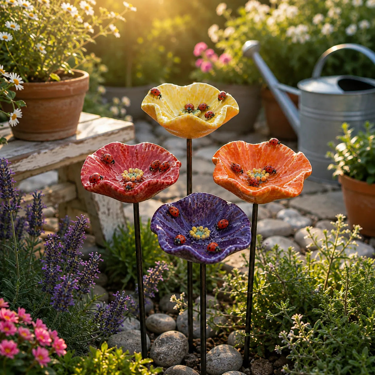 Handgefertigte Marienkäferblumen – Wetterfeste Keramik-Tränken, 4er-Set