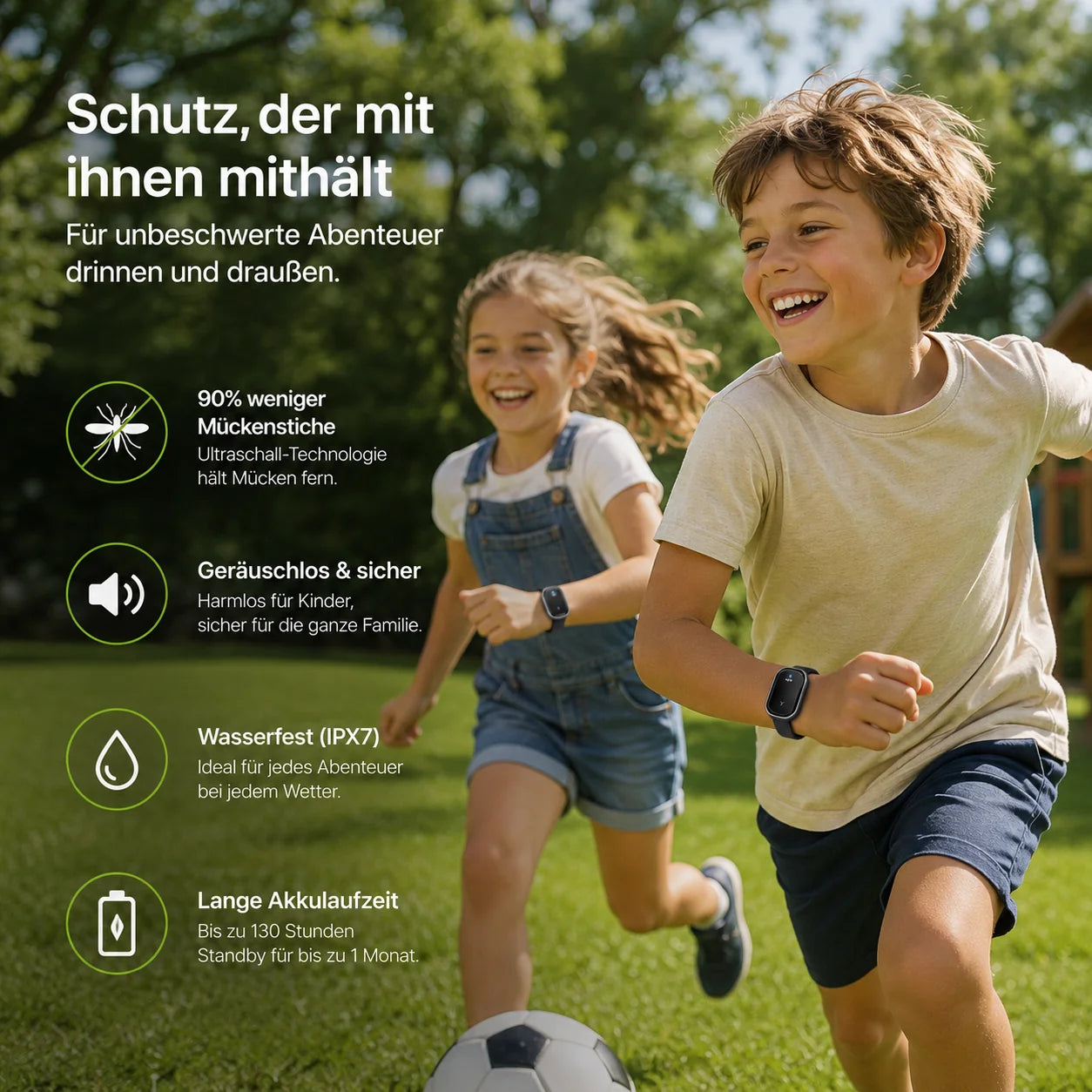 MückenStopp Pro — Das Ultraschall-Schutzband gegen Mücken, Gelsen & Stechfliegen | Chemiefrei · Wiederaufladbar · Wasserdicht