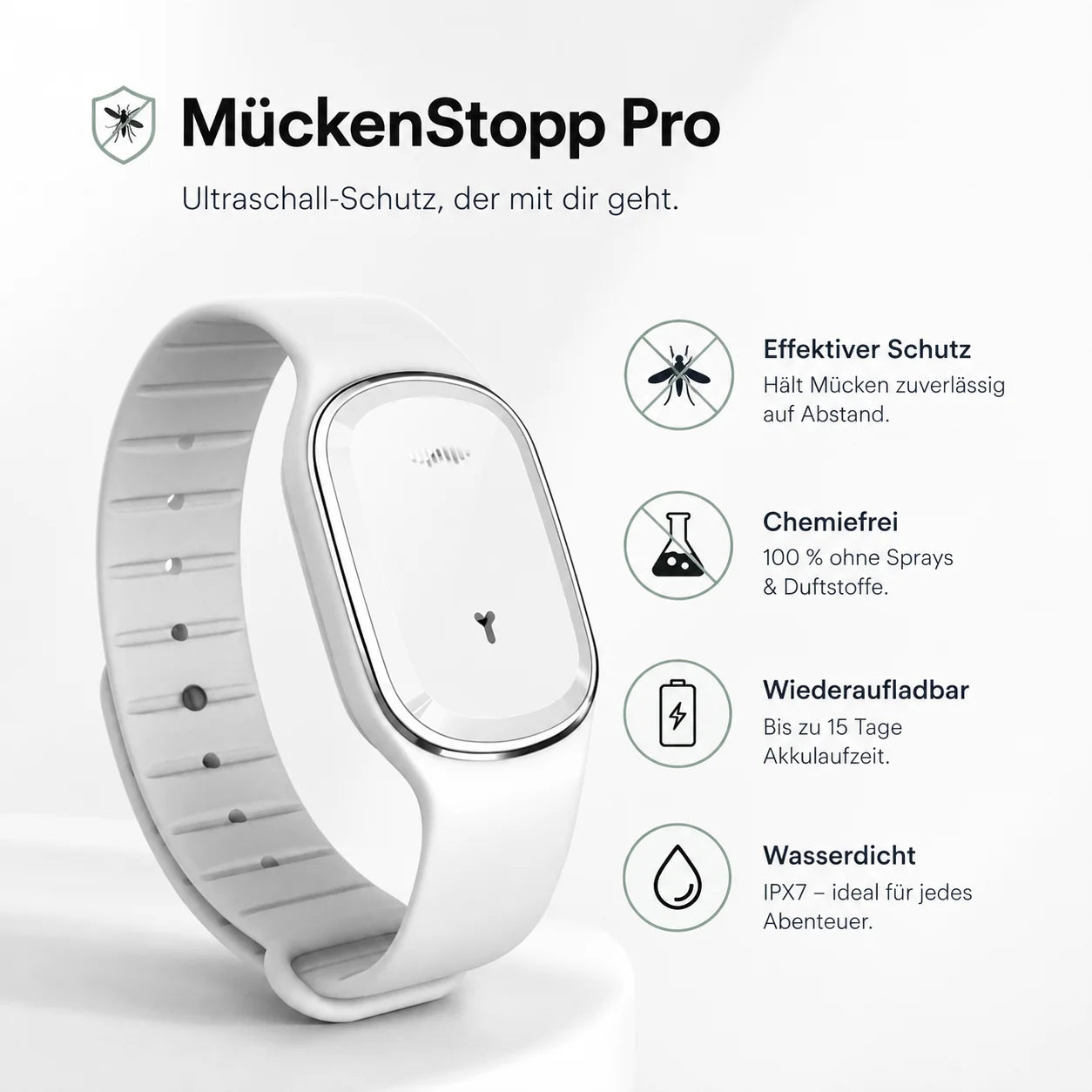 MückenStopp Pro — Das Ultraschall-Schutzband gegen Mücken, Gelsen & Stechfliegen | Chemiefrei · Wiederaufladbar · Wasserdicht