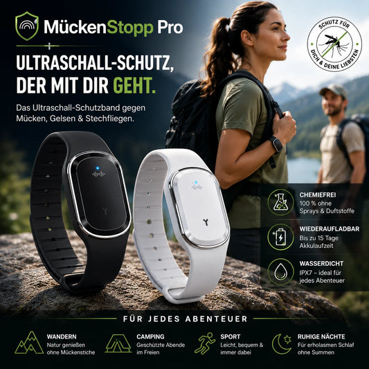 MückenStopp Pro — Das Ultraschall-Schutzband gegen Mücken, Gelsen & Stechfliegen | Chemiefrei · Wiederaufladbar · Wasserdicht